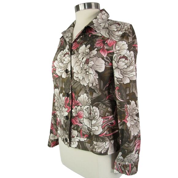 Chico's Size 1 Button Front Blouse Jacket Long Sleeve Taupe Coral Floral Motif - Picture 7 of 10